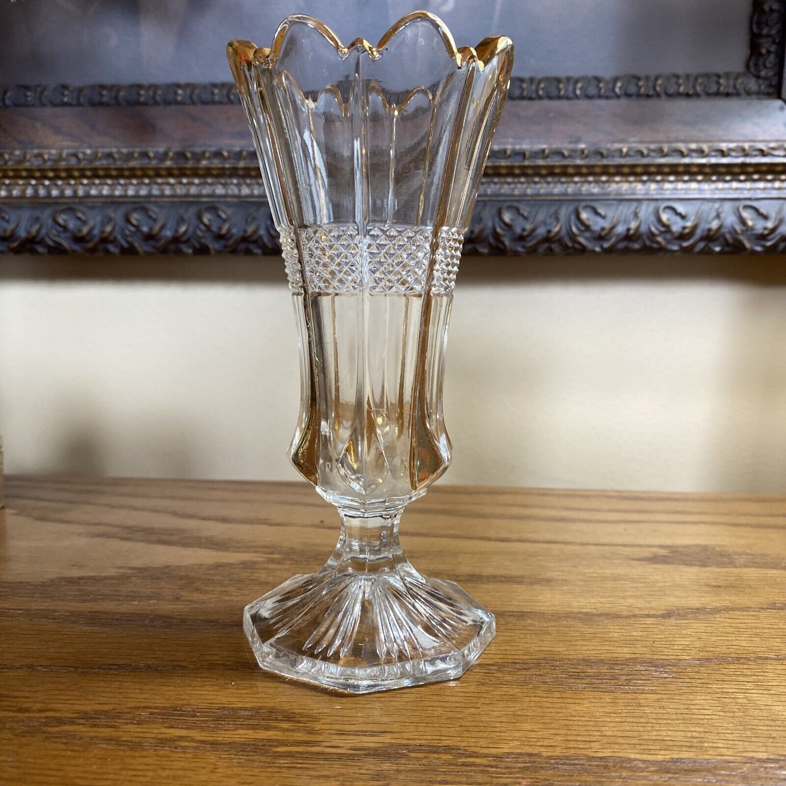 Vintage Depression Era Footed Vase Clear Gold Trim.