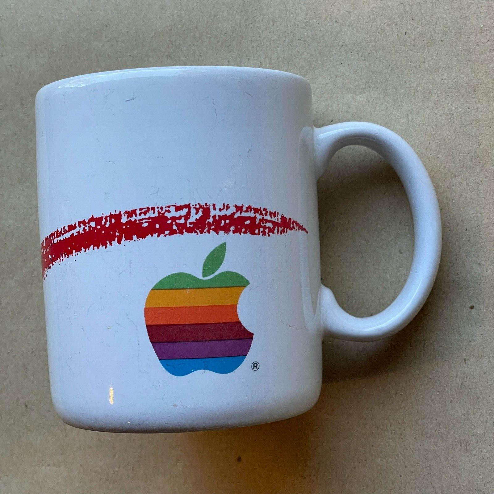 Rare PAPEL 1980's Apple Employee Coffee Mug Rainbow Logo Hand Decorated Japan