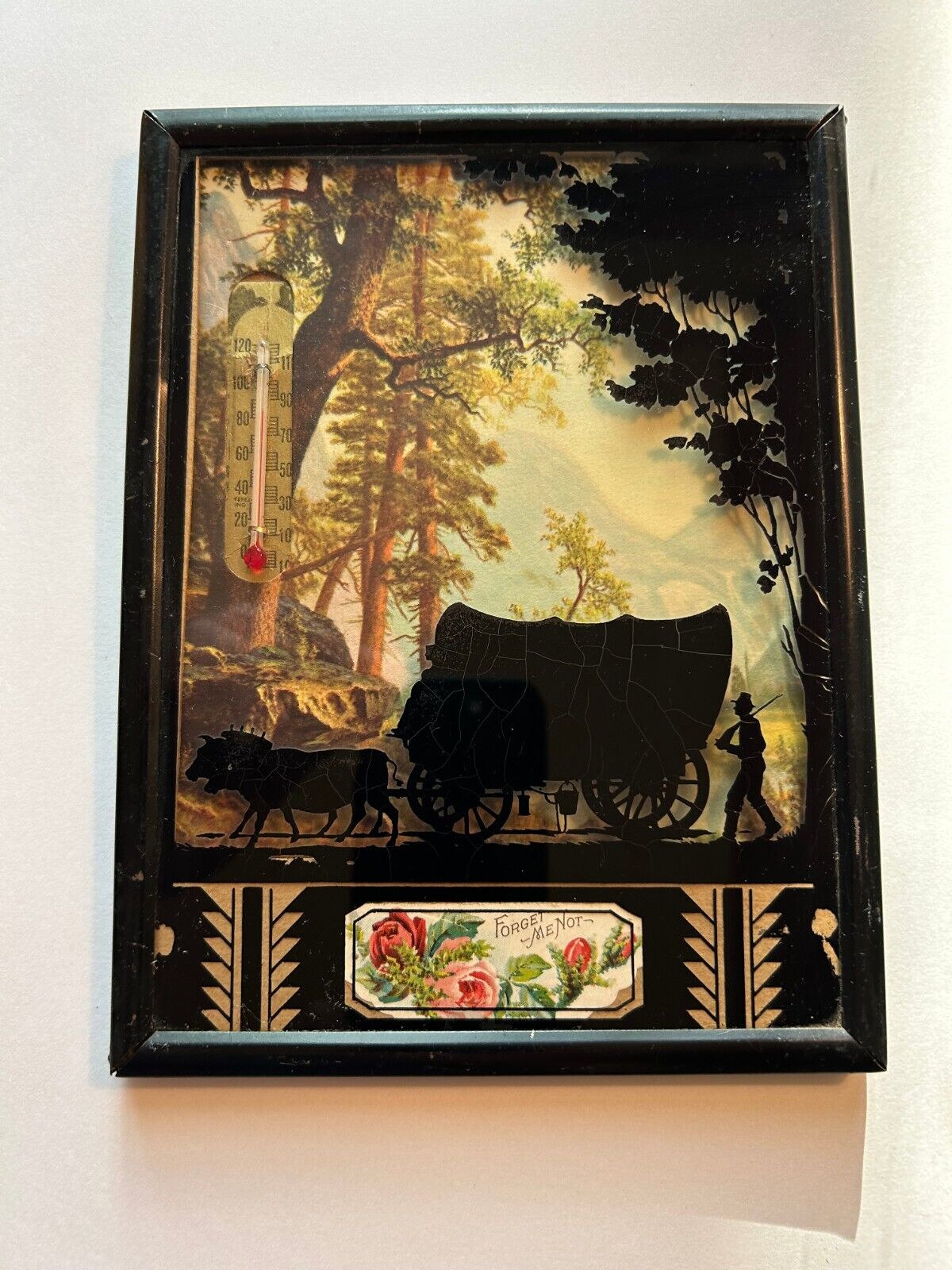 VTG 3D Framed  Silhouette Conestoga, Oxen Thermometer Forget Me Not Oregon Trail