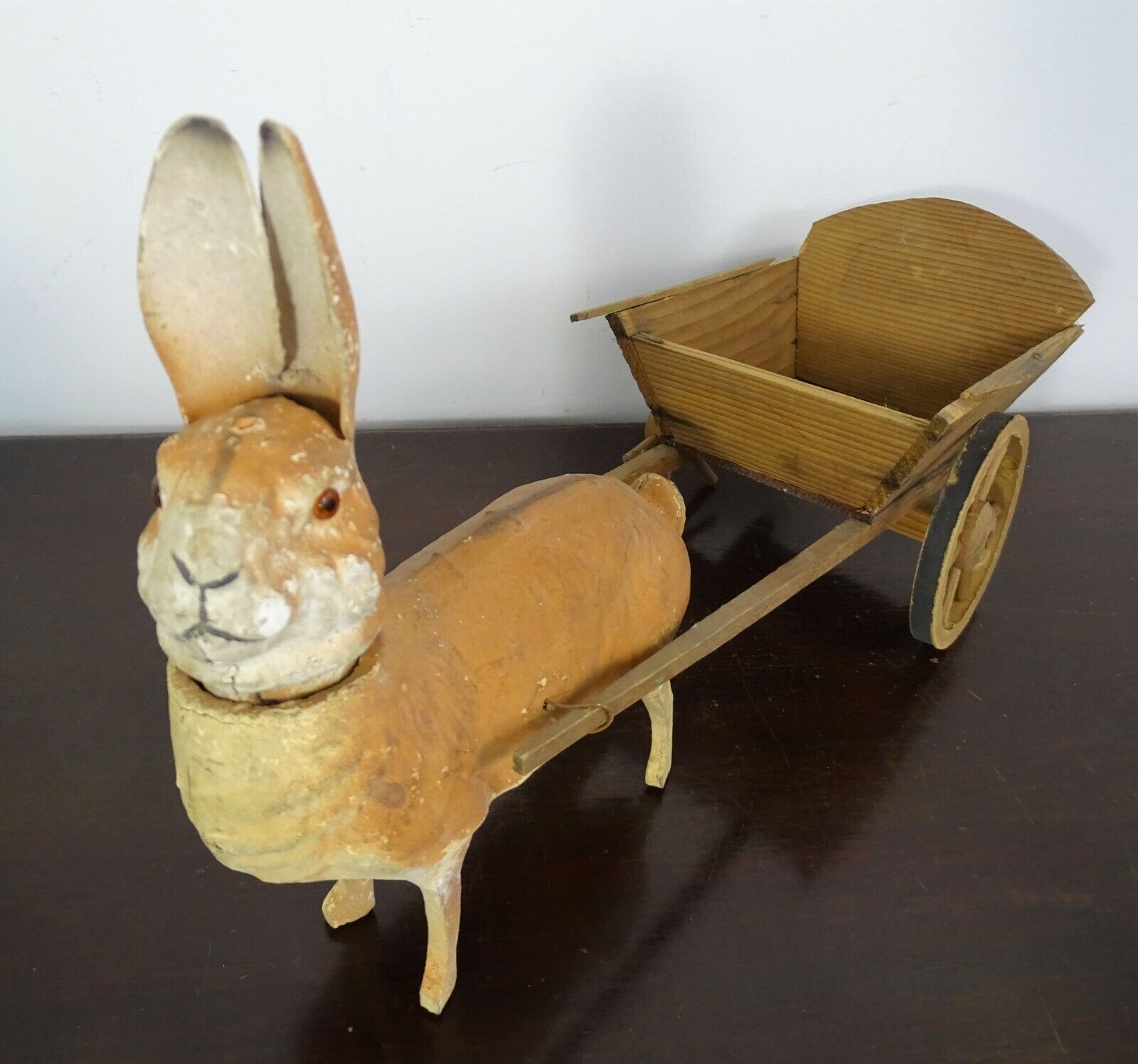 Antique Easter Bunny Rabbit Wagon Cart Toy Paper Mache Candy Container 