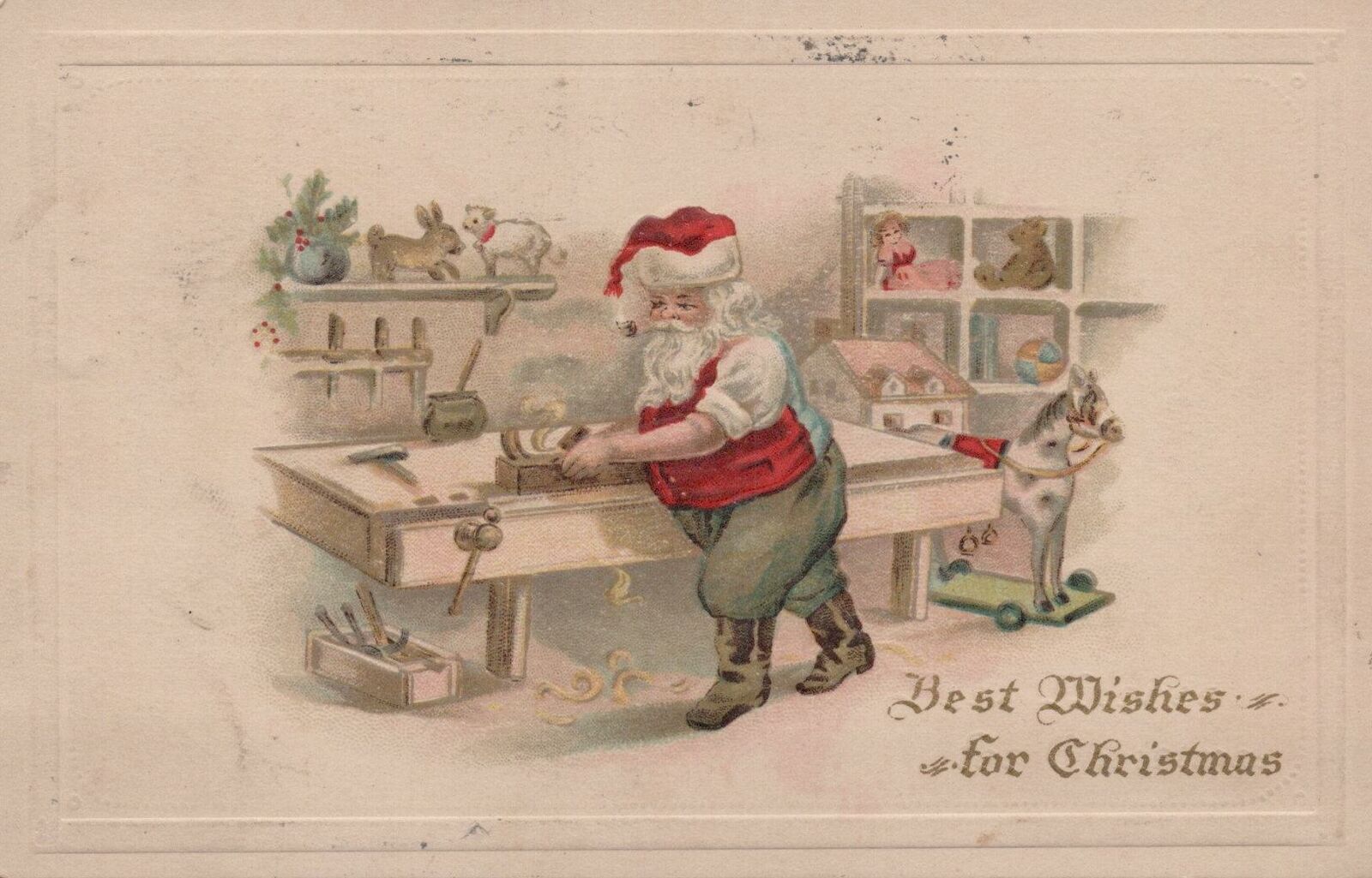 Postcard Santa Claus Working in Workshop Best Christmas Wishes 1916