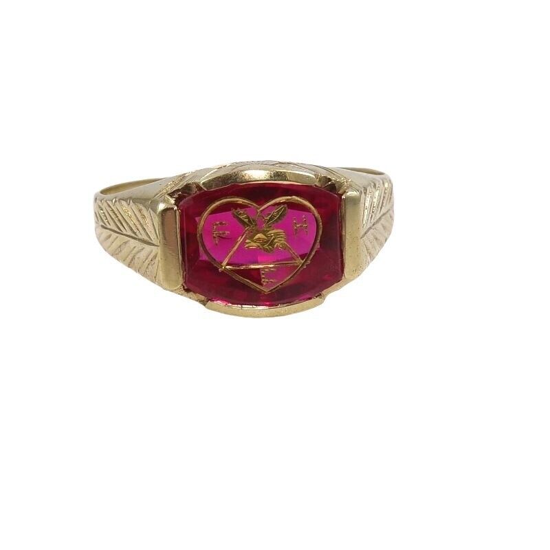 Solid 10K Yellow Gold Loyal Order of Moose Faith Hope Charity Ruby Ring SZ 11.25