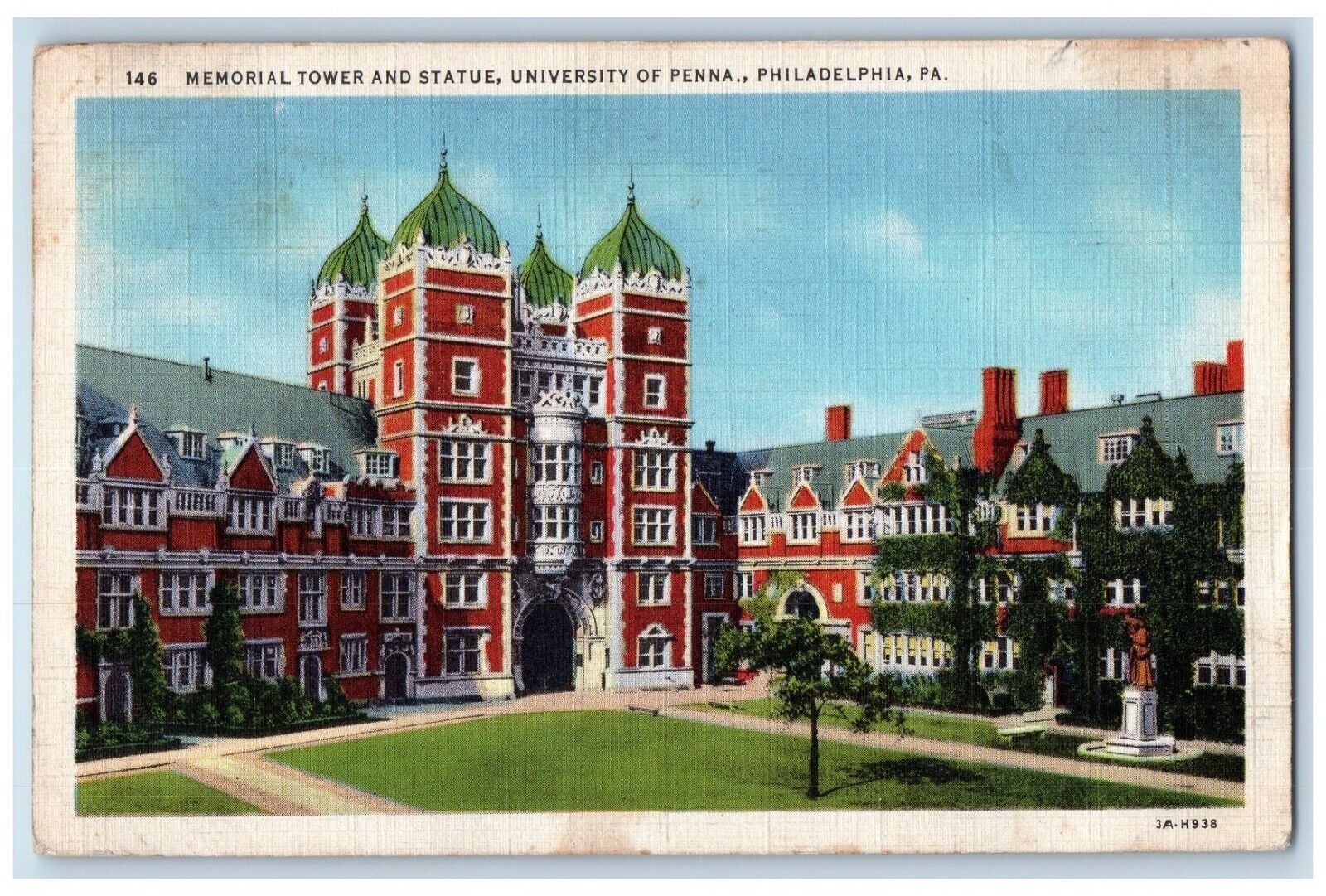 1936 Memorial Tower Statue University Penna Philadelphia Pennsylvania Postcard