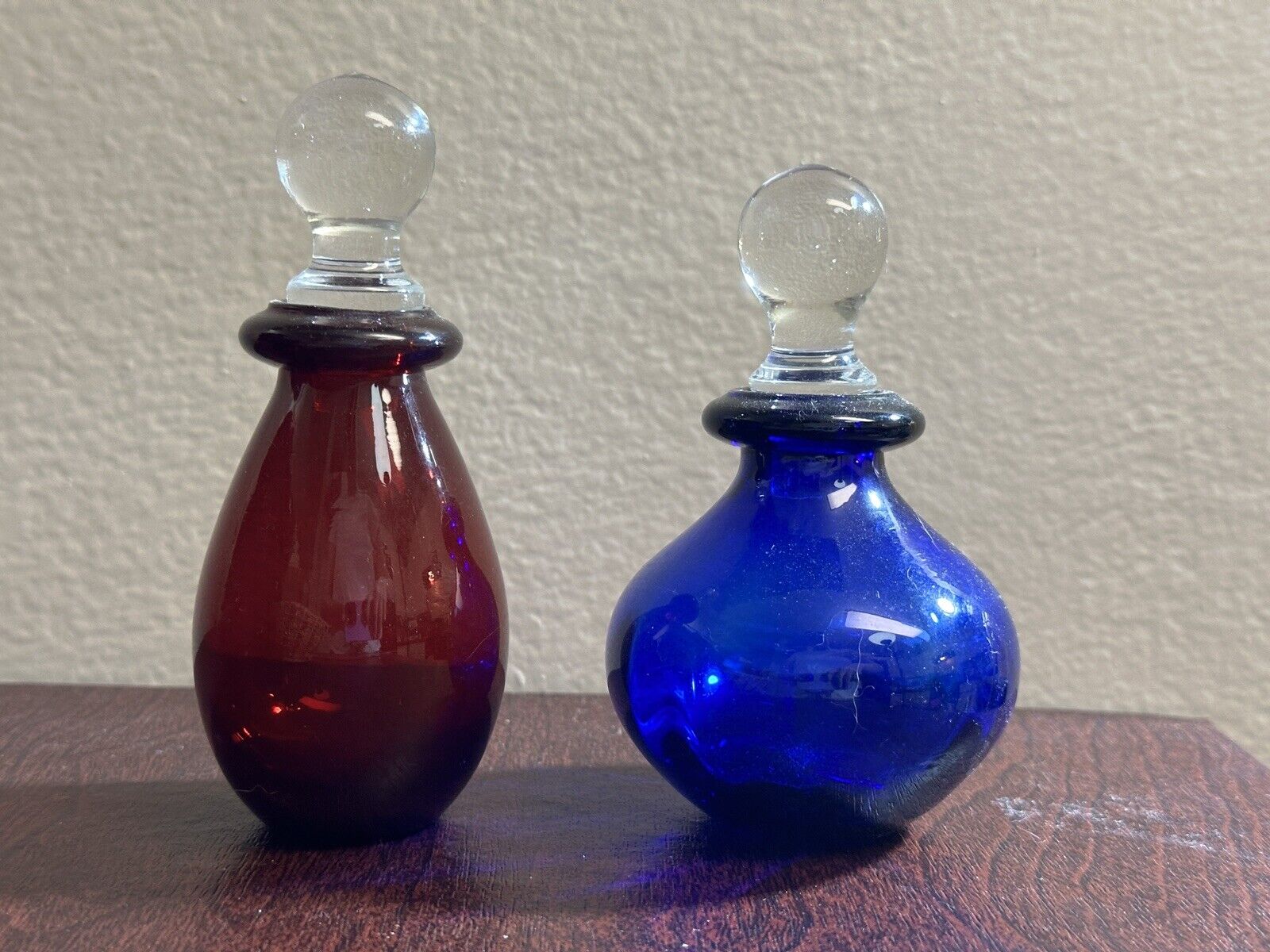 Vintage Blue Red Glass Decanters With Stopper Vanity Set Of 2 Apothecary Perfume