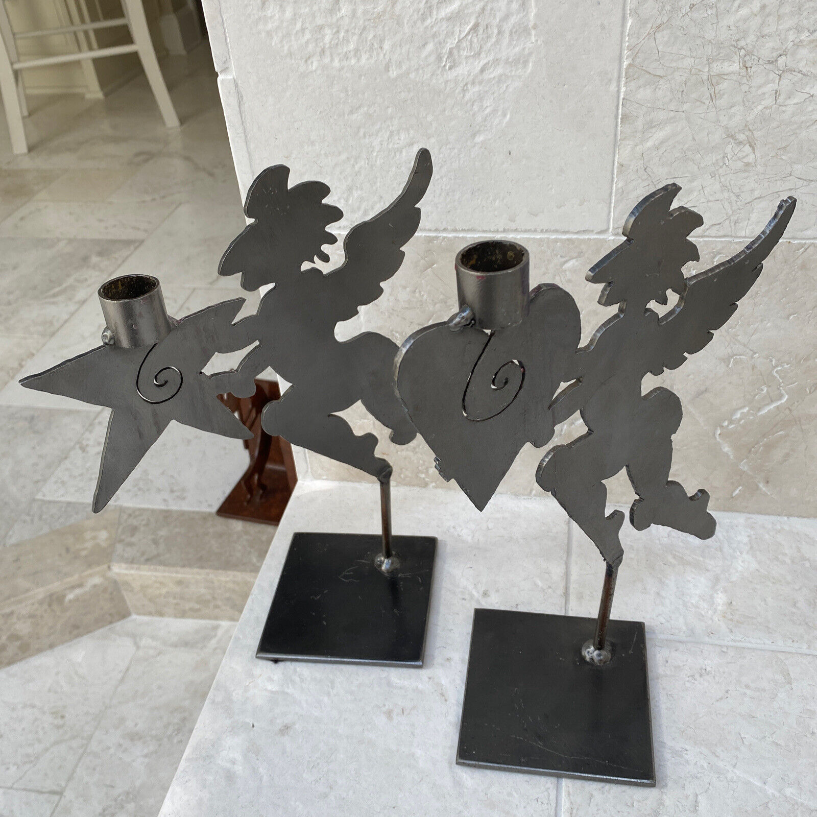 Jeffrey Manpearl Metal Sculpture Pair of Candleholders Angel Heart and Star 1997