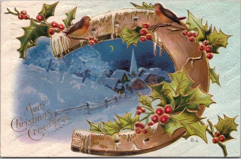 Vintage 1911 MERRY CHRISTMAS GREETINGS Embossed Postcard Horseshoe / Church