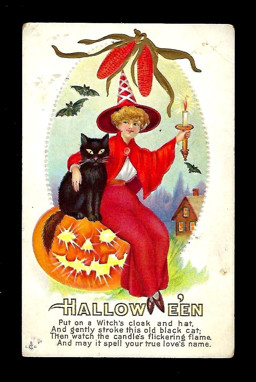 c1912 Stecher Halloween Postcard Red Dressed Witch JOL & Black Cat