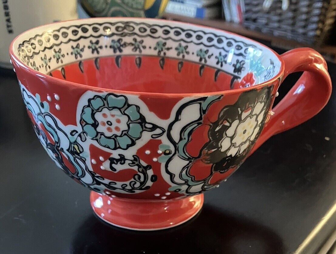 Anthropologie Elka Ayaka Red White Floral Twisted Handle Footed Boho Mug Cup