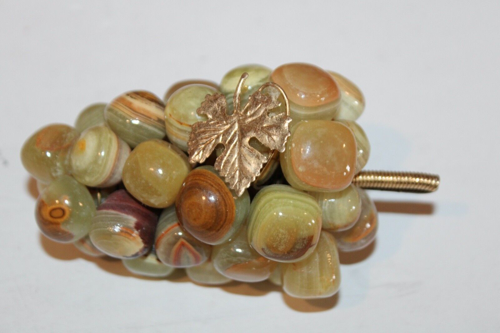 Vintage Grape Cluster Mid Century Gem Polished Stone W/Gold Leaf Green Brown 4\