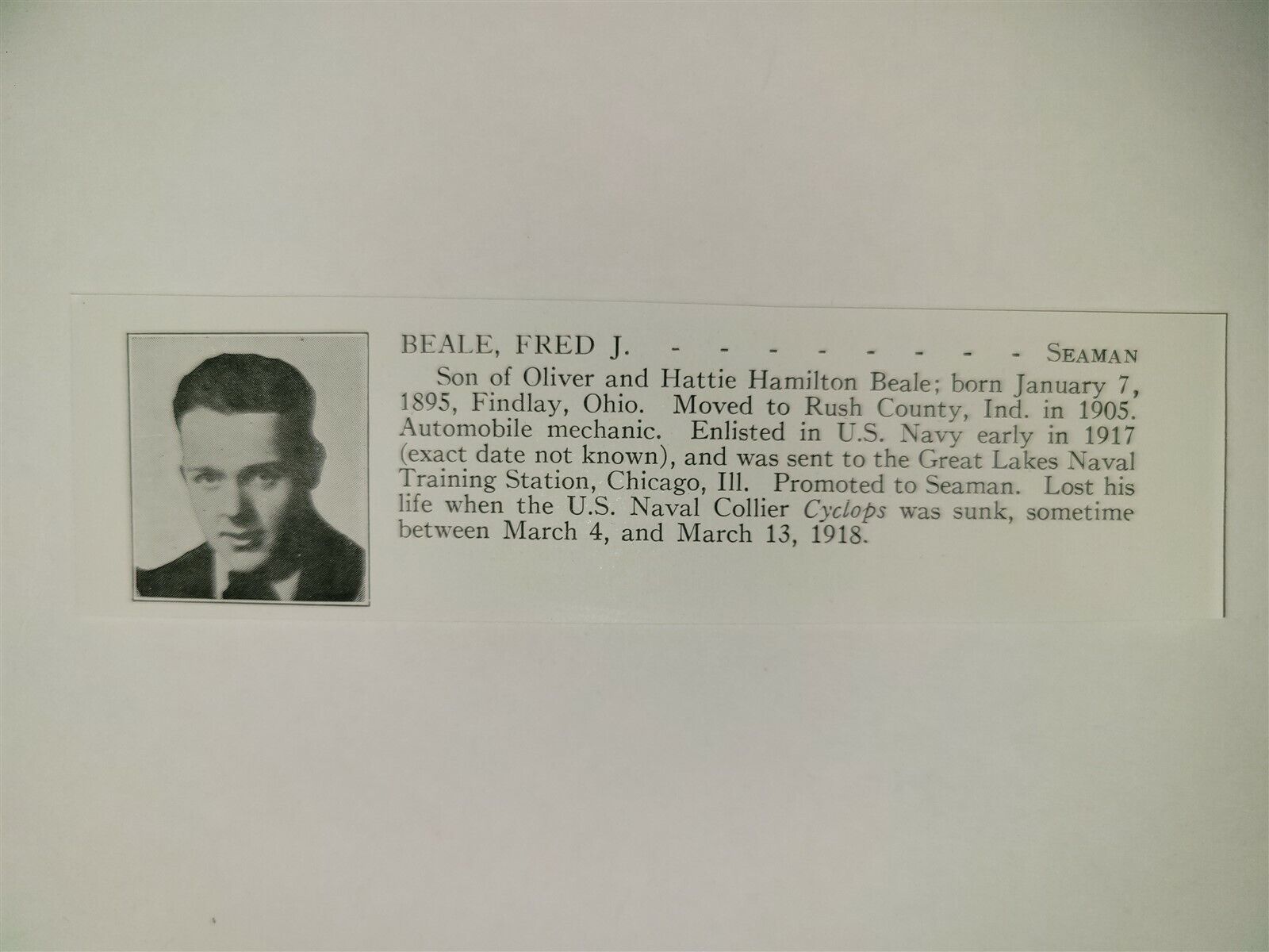 Fred Beale Findlay Ohio USS Cyclops Navy 1921 WW1 Hero Panel