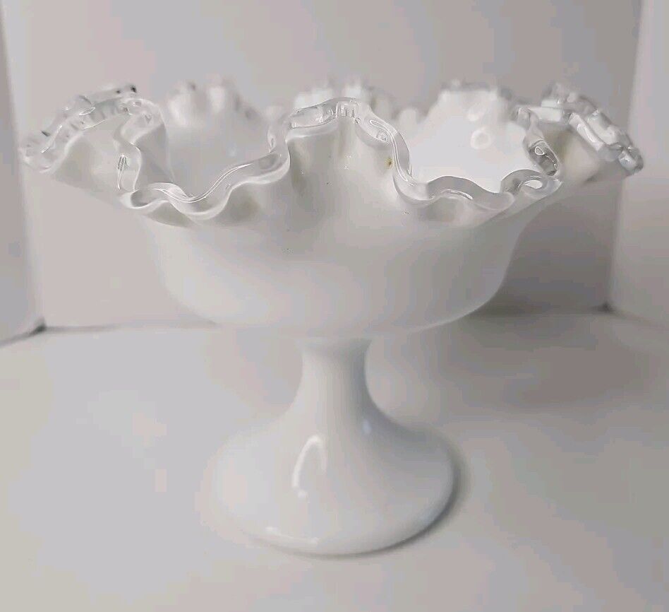 VTG Fenton Mid Century Pedestal Compote Dish Milk Glass Bowl Footed Clear Top