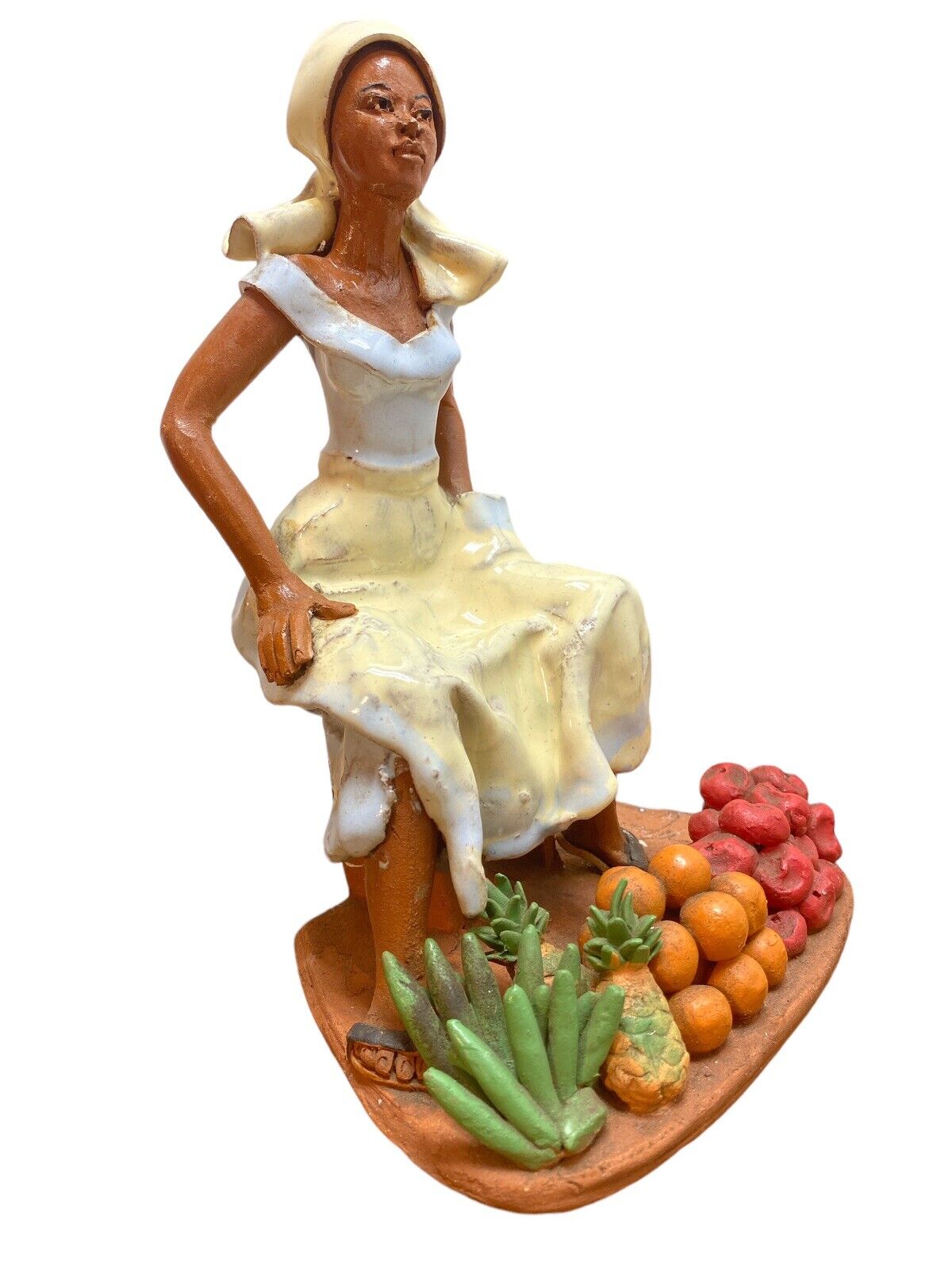 Jamaican sculpture creole woman selling fruit hand made glazed red clay signed