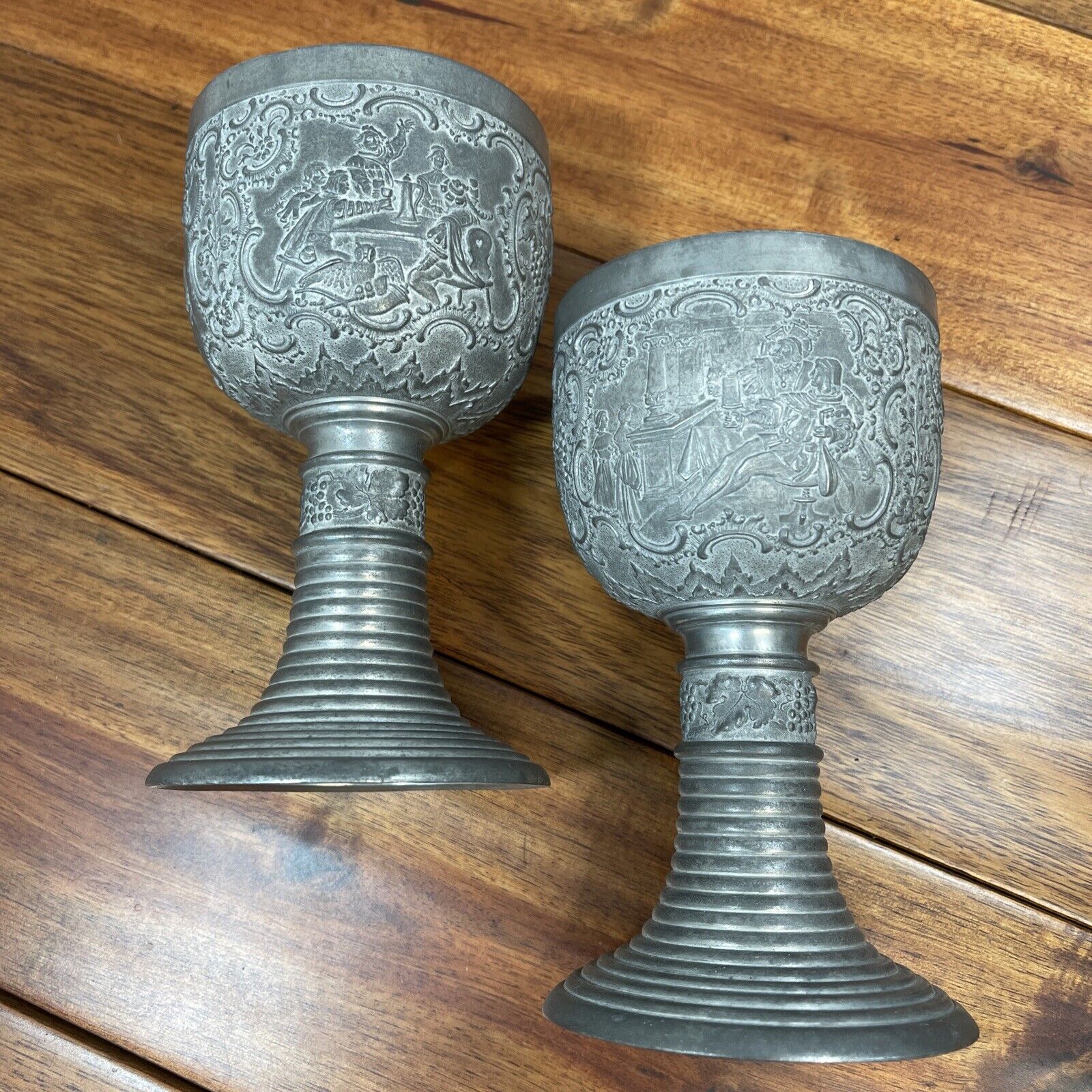 Antique Felsenstein & Mainzer F&MN German Pewter Goblet Chalice Pair Detailed