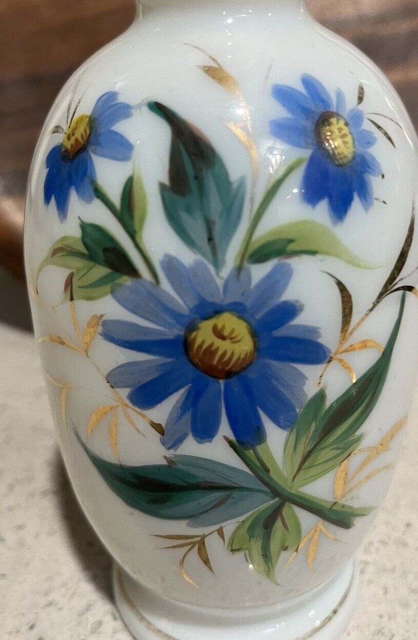 1930s-40s Victorian Bohemian Hand Painted Blown Opaline Glass Vase