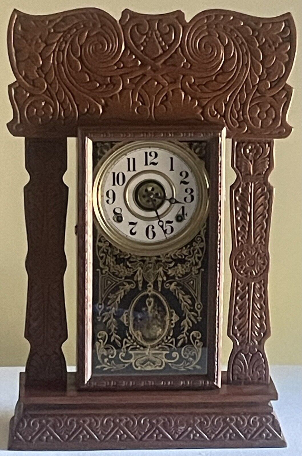 Antique E. Ingraham Piedmont Gingerbread Kitchen Gong Chime Alarm Mantle Clock
