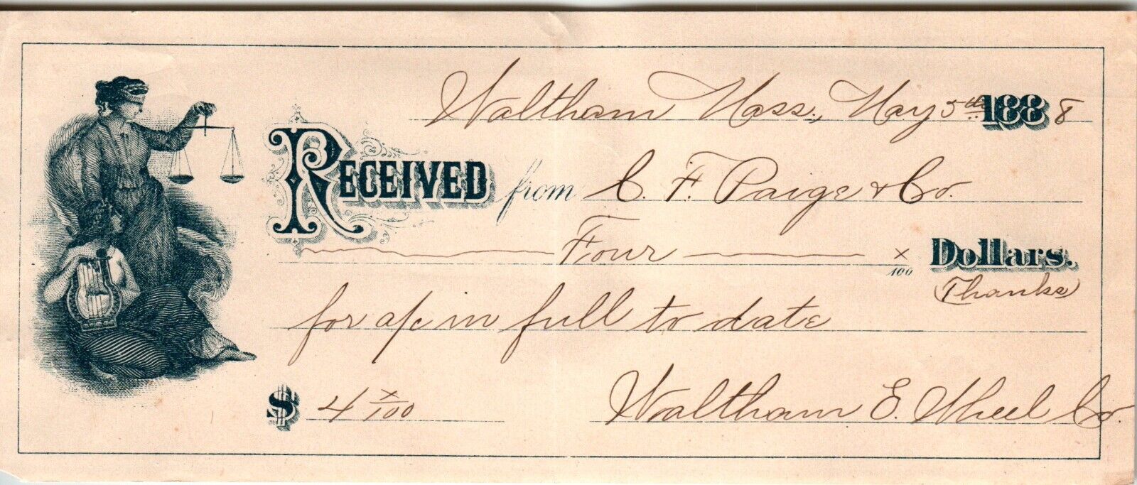 1888 B F Paige & Co Waltham Mass Receipt for Four Dollars