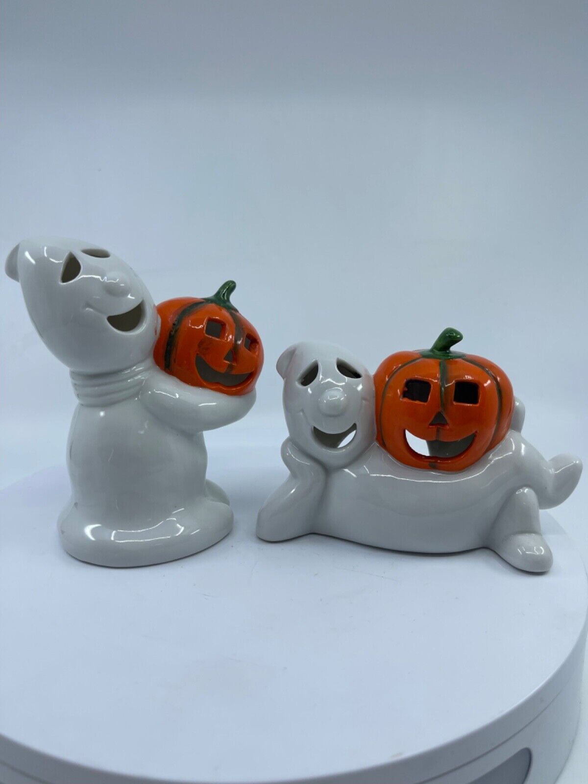 VTG Midwest Halloween Ceramic Ghost Pumpkins Tea Light Candle Set of 2