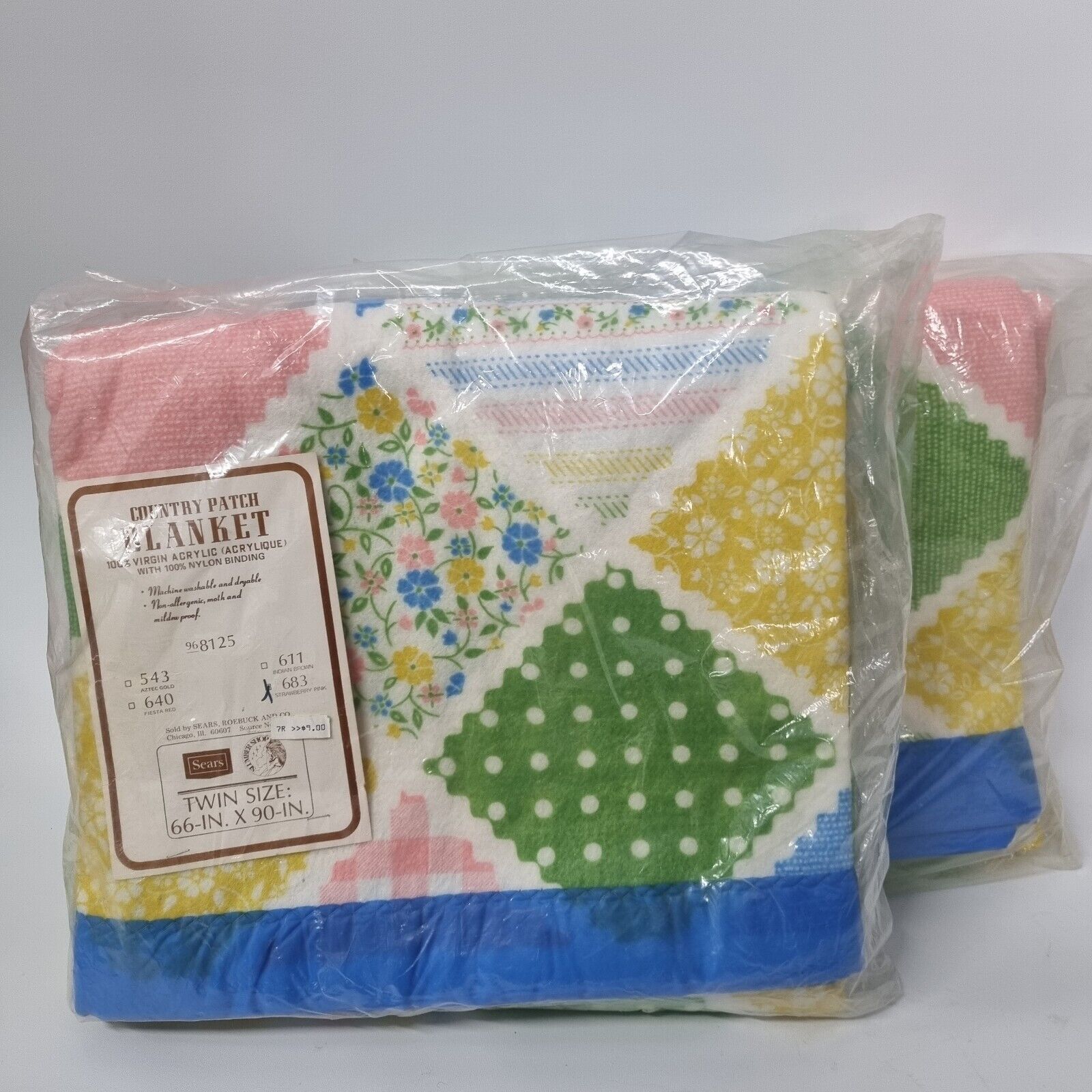 Set 2 NWT VTG Sears Country Patch Blanket Strawberry Pink Acrylic Satin New Twin