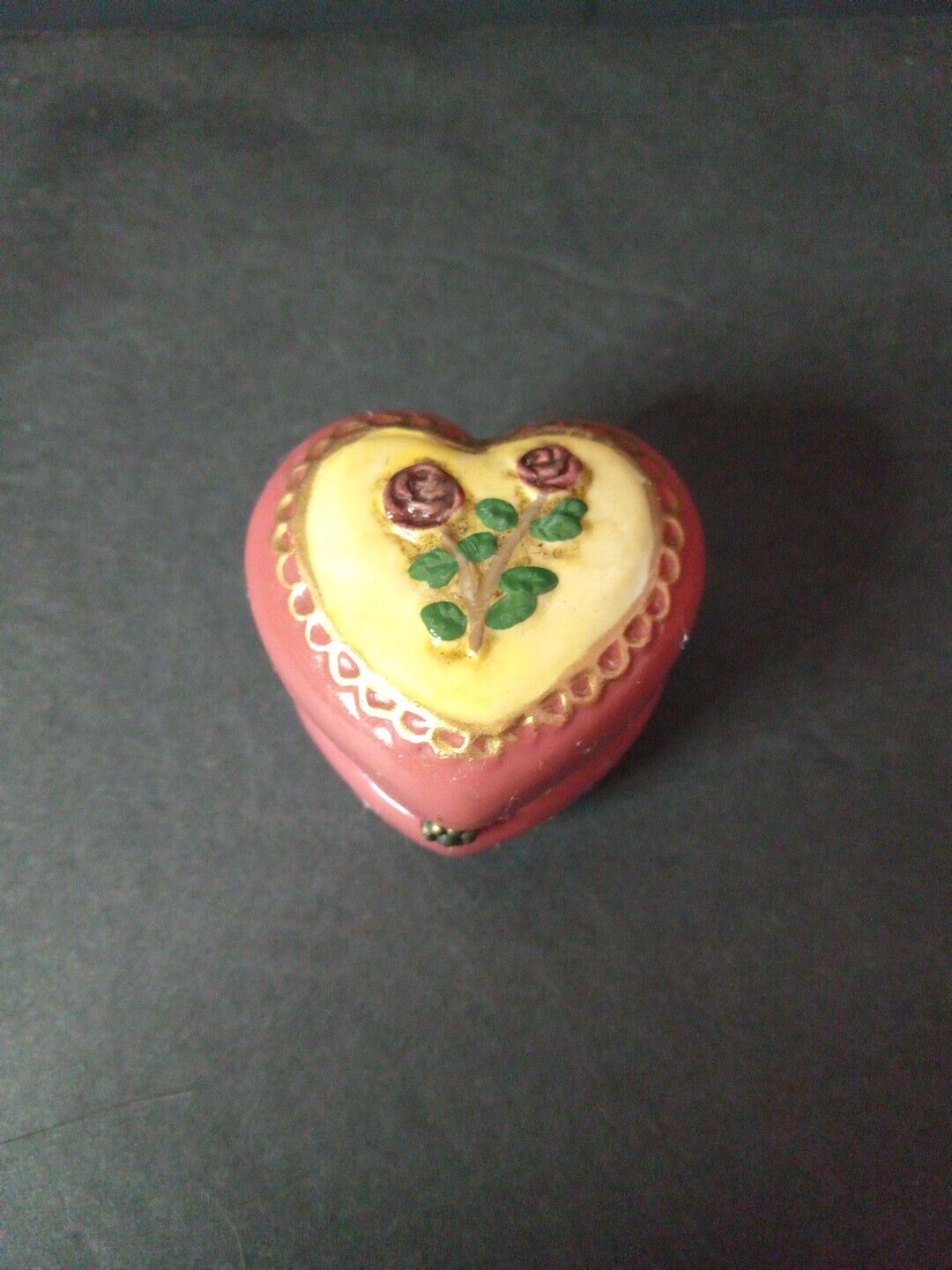 2 Heart Shaped Hand Painted Trinket Box Hinged Double Rose Cameo Valentine 