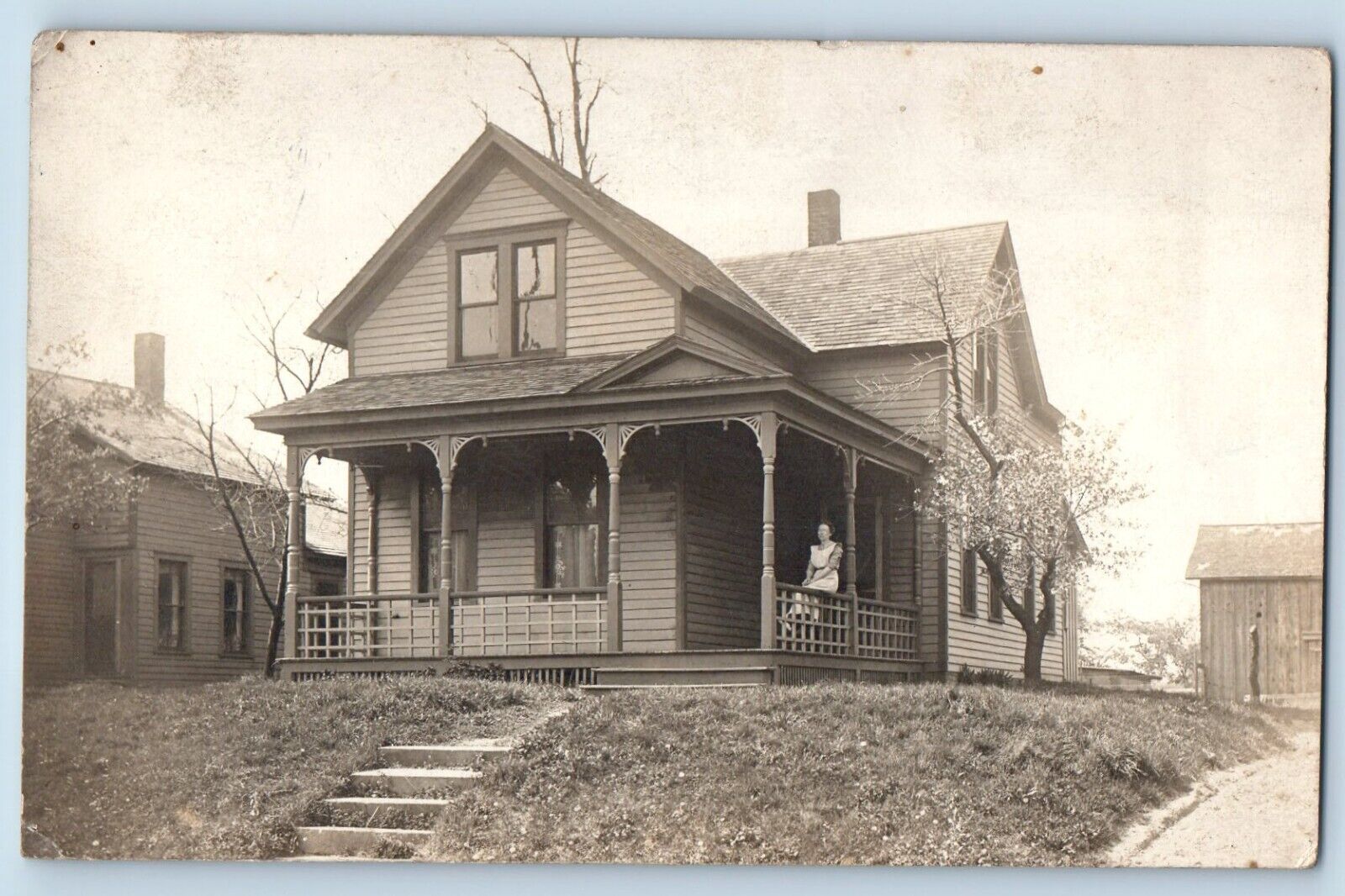 Wesleyville Erie PA Postcard RPPC Photo Woman Scene House Porch 1913 Antique