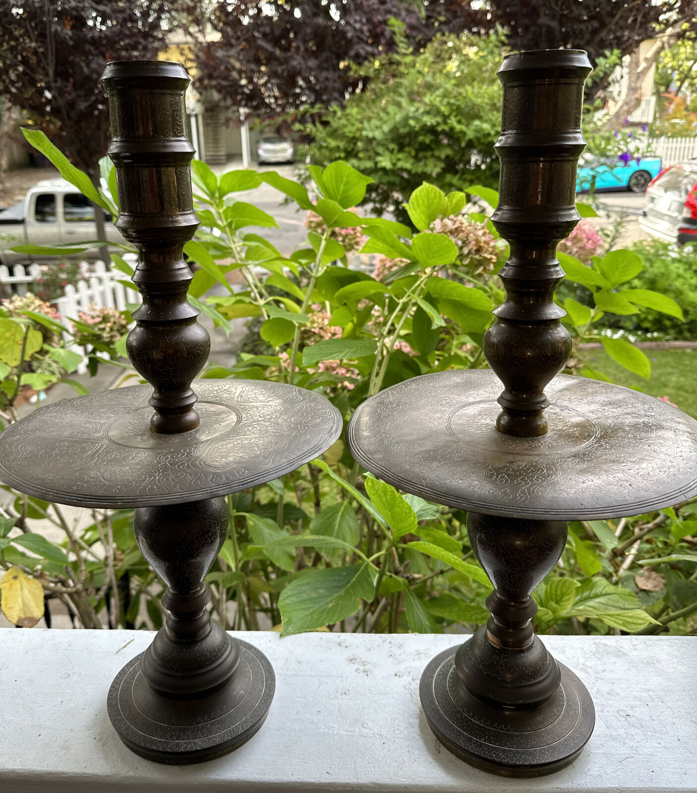 Pair Of Antique Engraved Moroccan Islamic Brass CandleSticks-22”high.