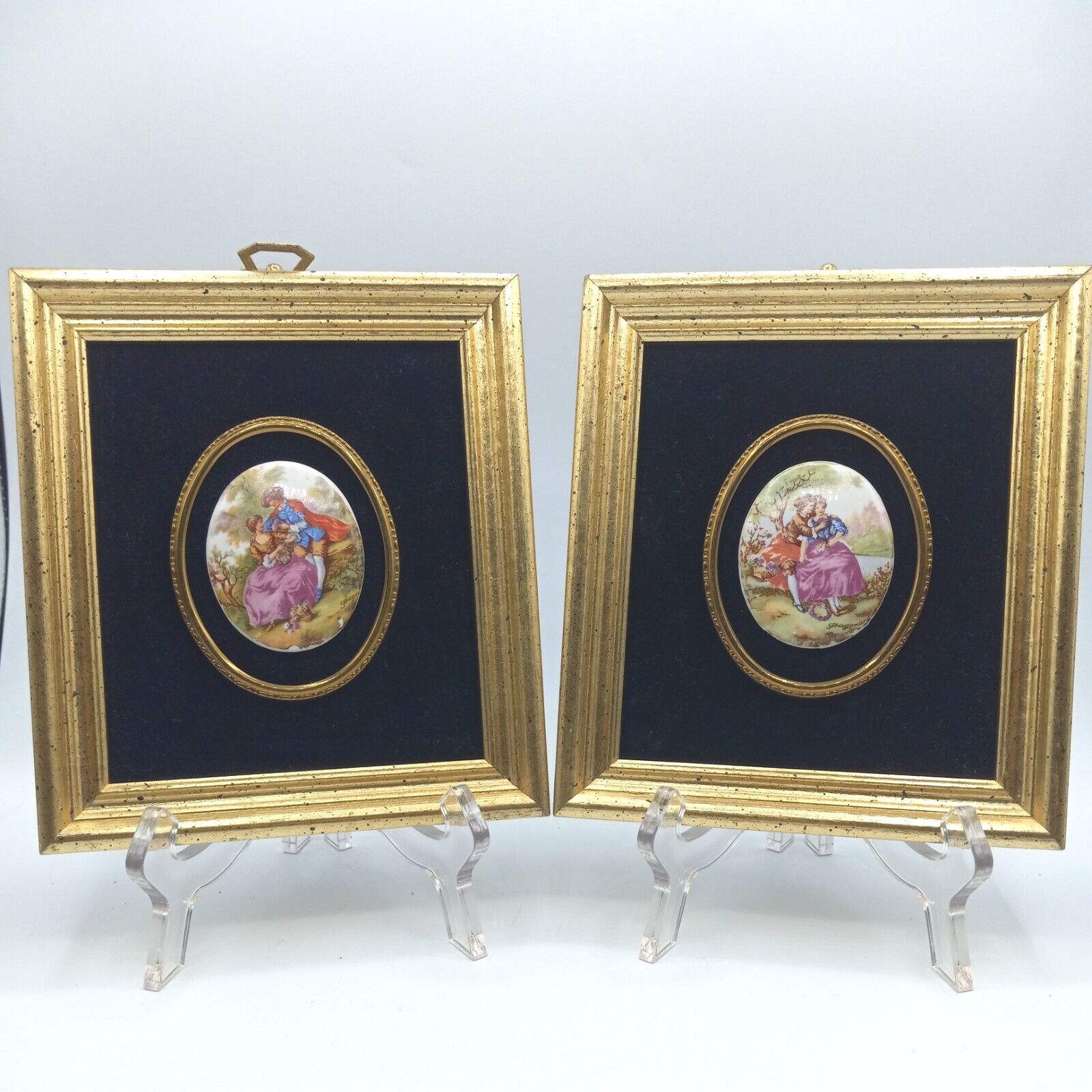 Two Vintage Fragonard Limoges Cameos on Velvet B&S Creations NY Gold Framed LH4