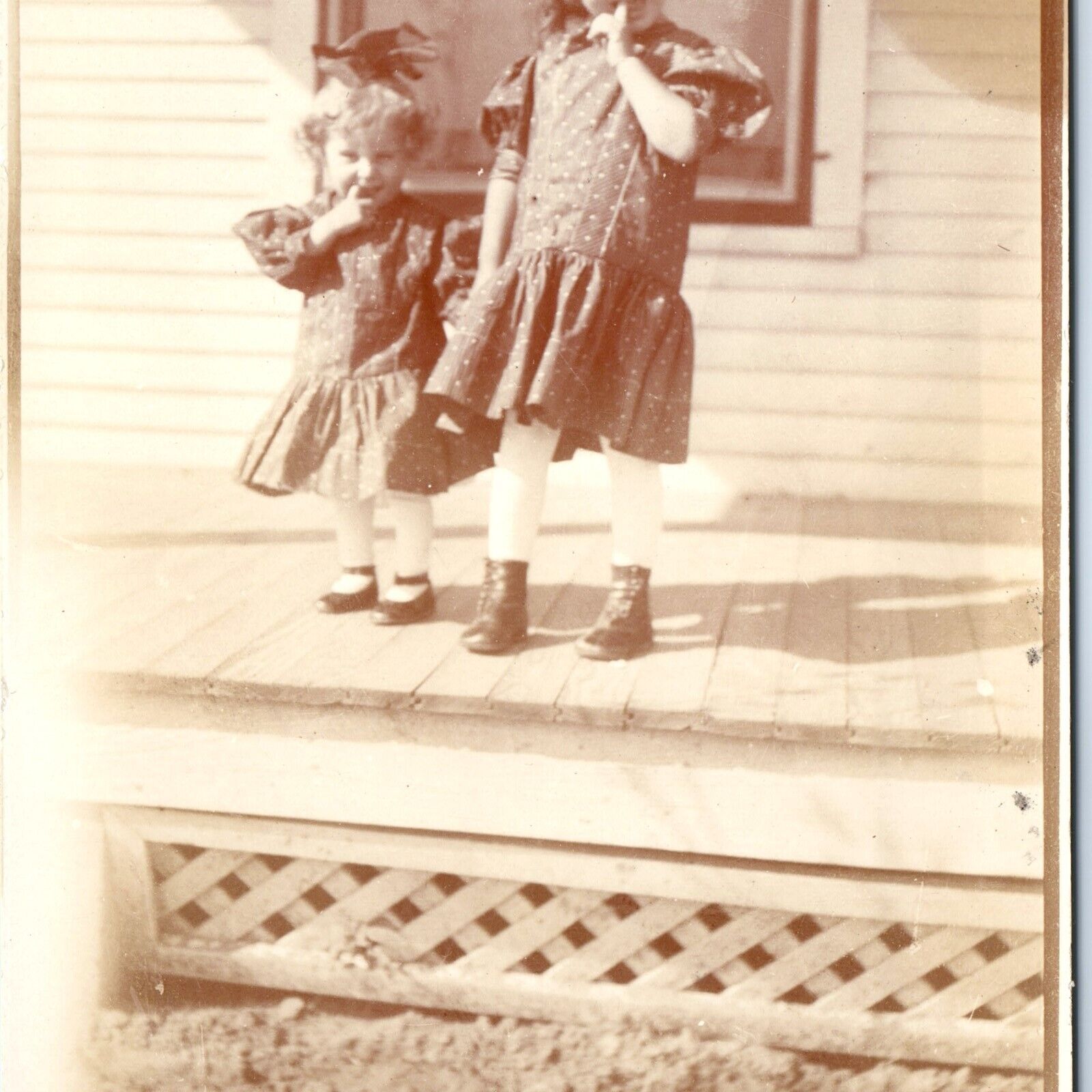 c1910s Colorado Cute Little Girls RPPC House Kids Finger Mouth Real Photo A147