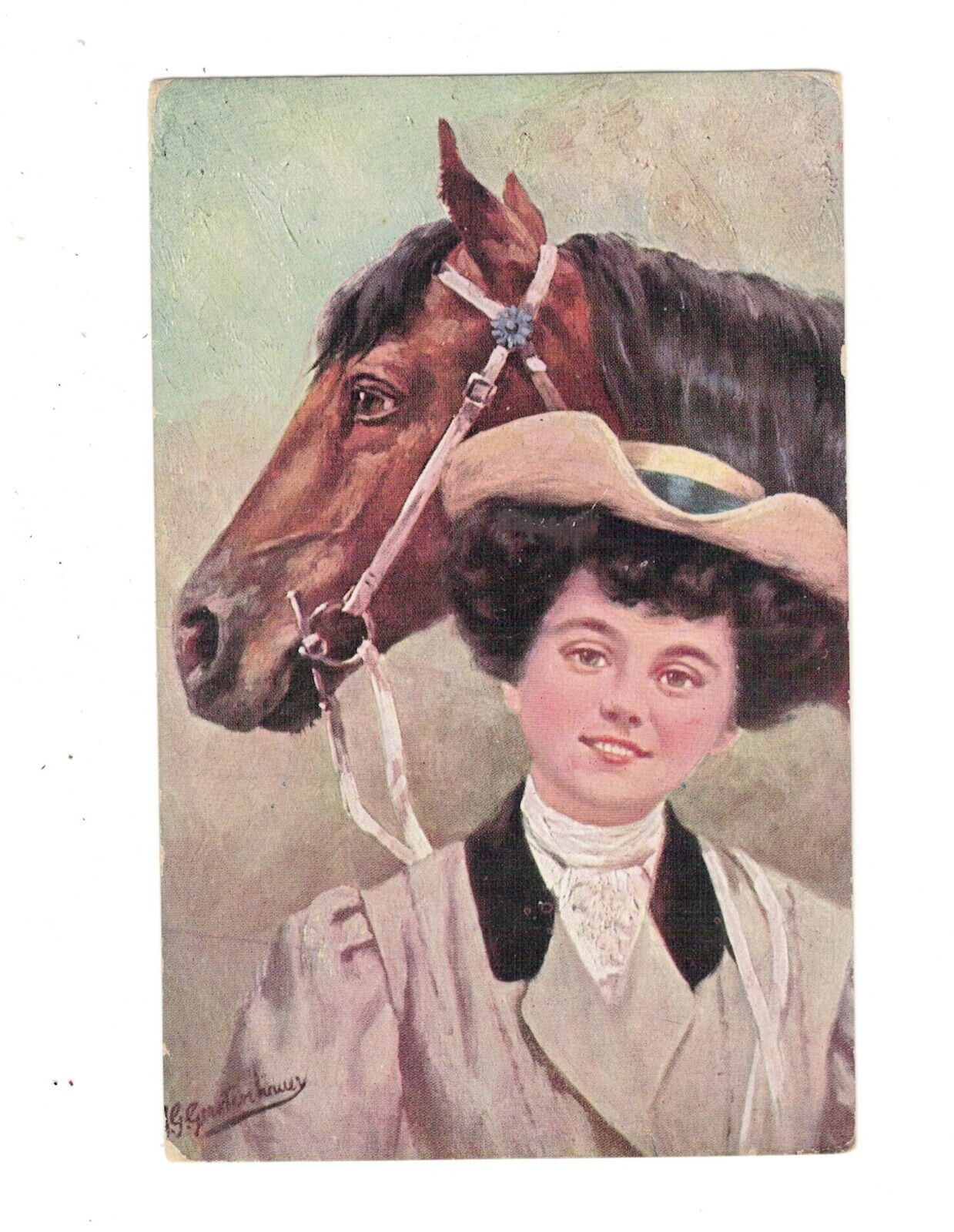 SD1565  ARTIST SIGNED VICTORIAN LADY WITH HER HORSE BY GERSTENHAUER COL PRINTED