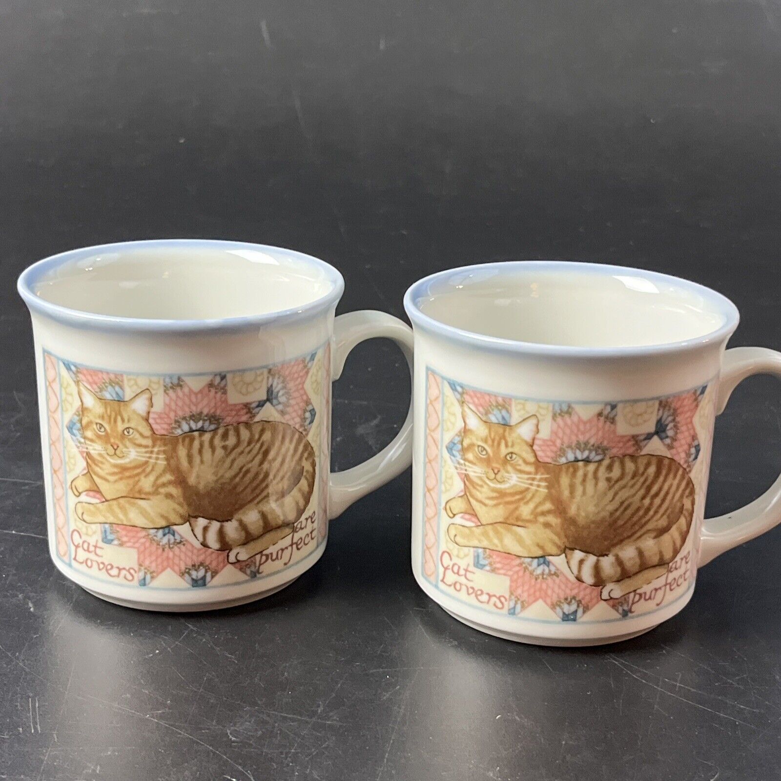 2 Vtg Otagiri Cat Lovers Are Purfect Mug Set Stoneware Orange Tabby Kitten Lot