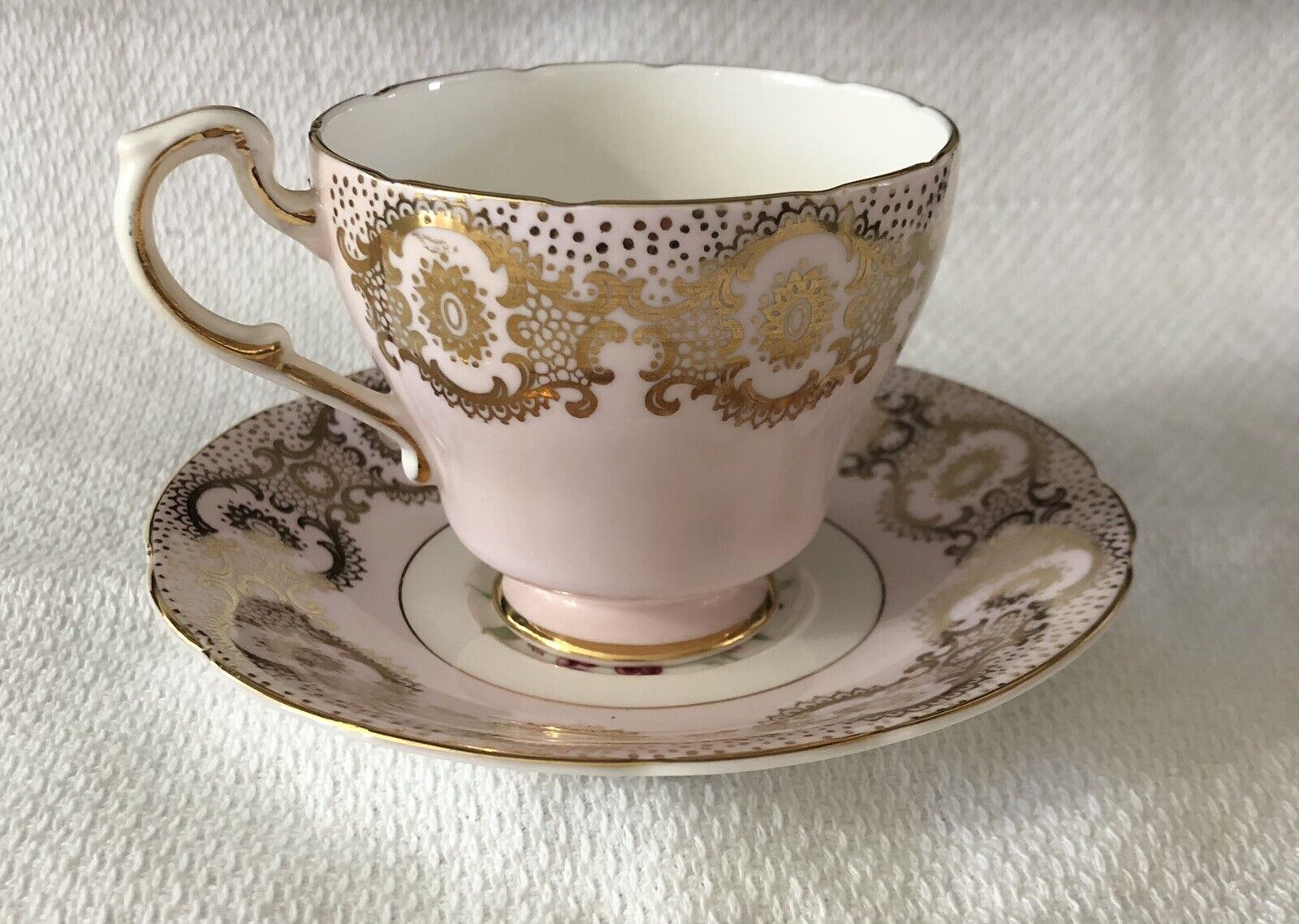Vintage Paragon Tea Cup & Saucer Pink w/ Fruit and Gold Trim and Accents   FG8C