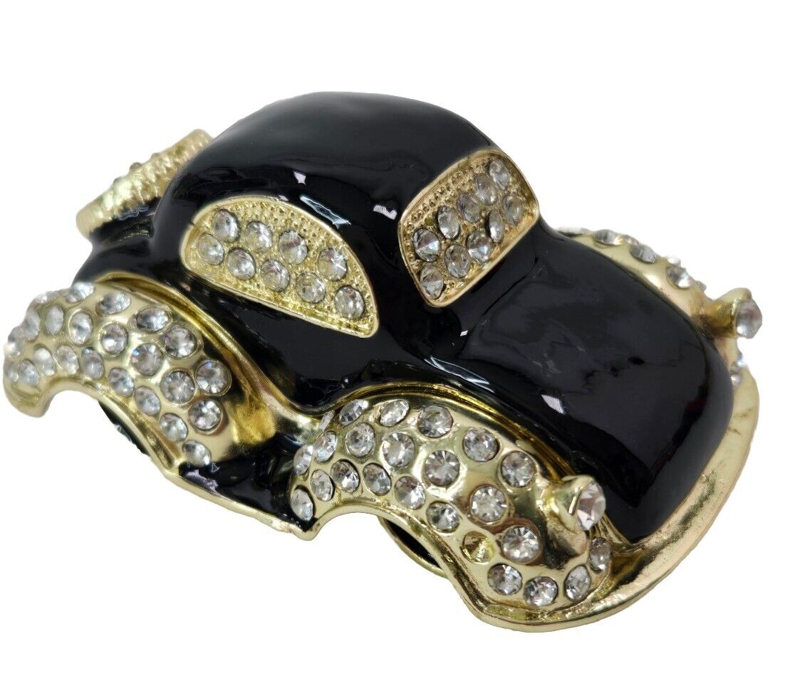 Bejeweled Black Beatle Car Metal Enameled Rhinestone Hinged  Trinket Box. New
