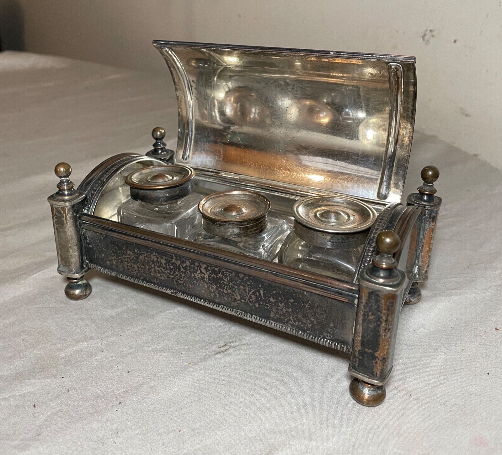 antique 19th century silverplated copper 3 glass jar desk inkwell stand holder