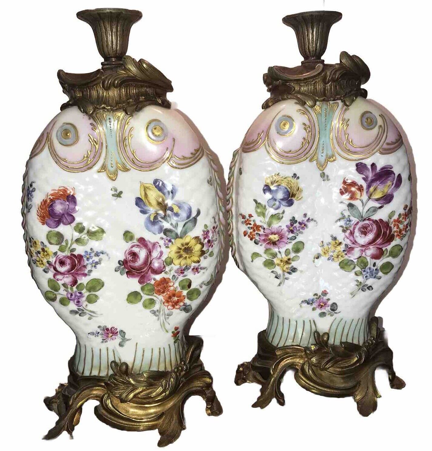 Antique Porcelain Floral Lamps with Hidden Fish Form - Exquisite and Intriguing