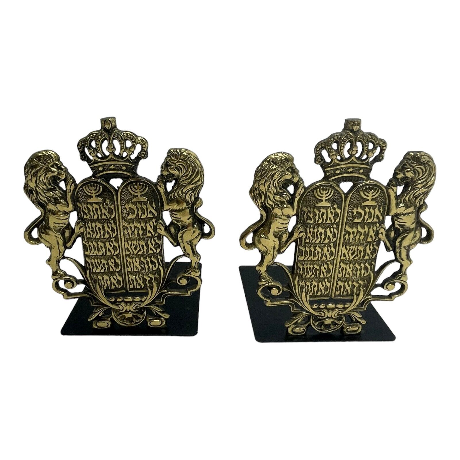 Lions Crown Brass Bookends Oppenheim Israel Jewish 10 Commandments Vintage Pair