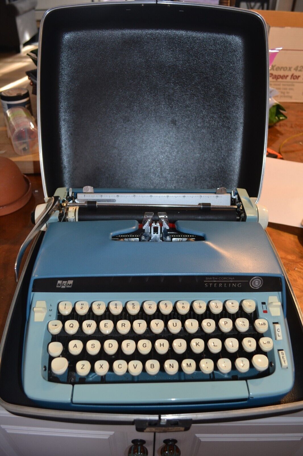 VTG 1963 Smith-Corona Sterling Blue Typewriter w/Hard Case - 2 old Ribbons inc.