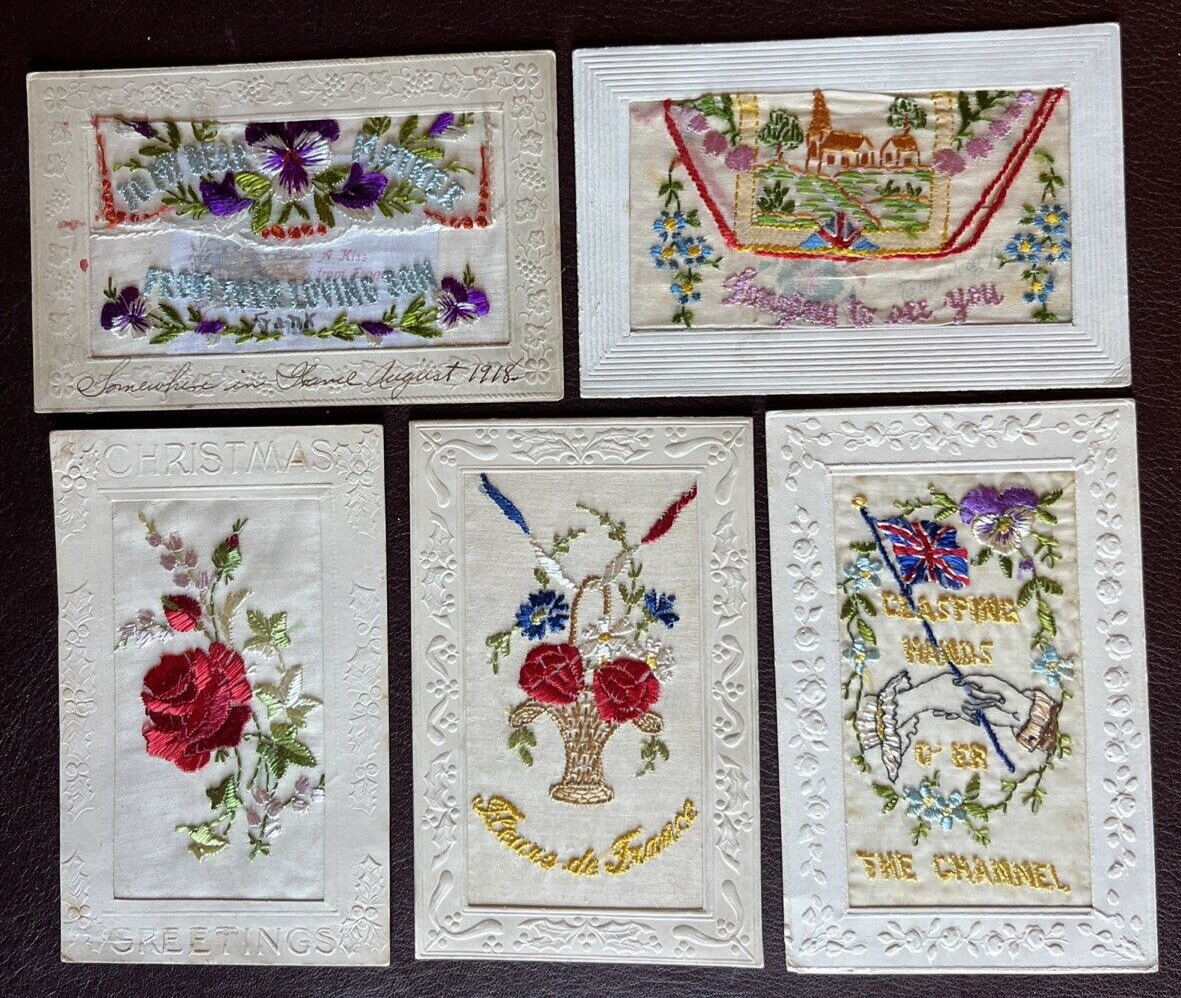 Lot of 5 Silk Embroidered Vintage Antique Greetings Postcards WW 1 Era, 1 Tucks