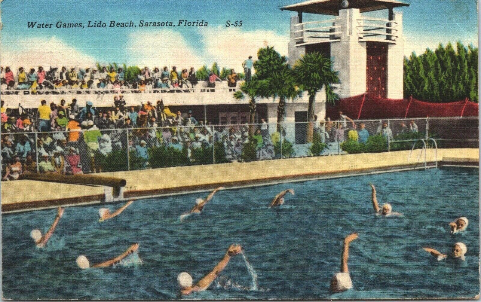 Vintage Postcard Water Games, Lido Beach, Sarasota, Florida, by Harold R Smith
