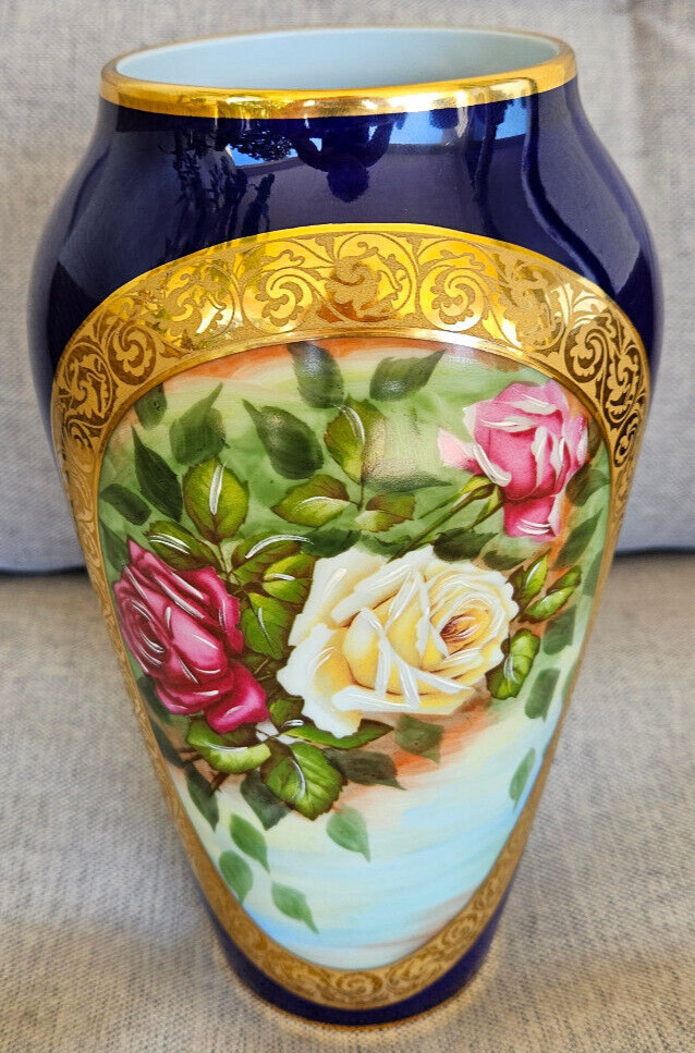 LIMOGES COBALT BLUE WITH CABBAGE ROSES 8\