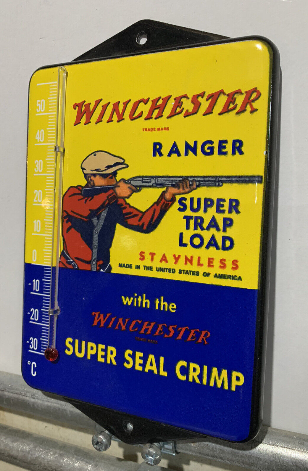 Vintage Style Winchester Ranger Shells Rifles Porcelain Thermometer Sign