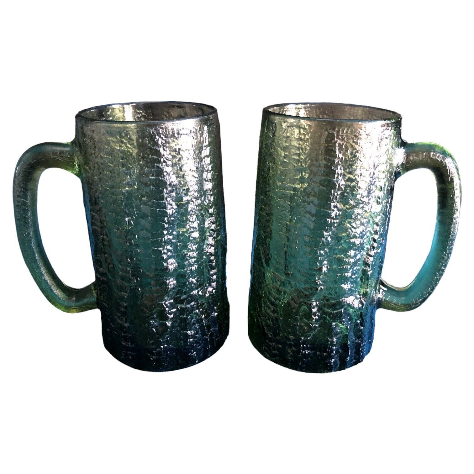 Vintage Textured Green Glass Handled Beer Mugs Retro Barware Set Of 2