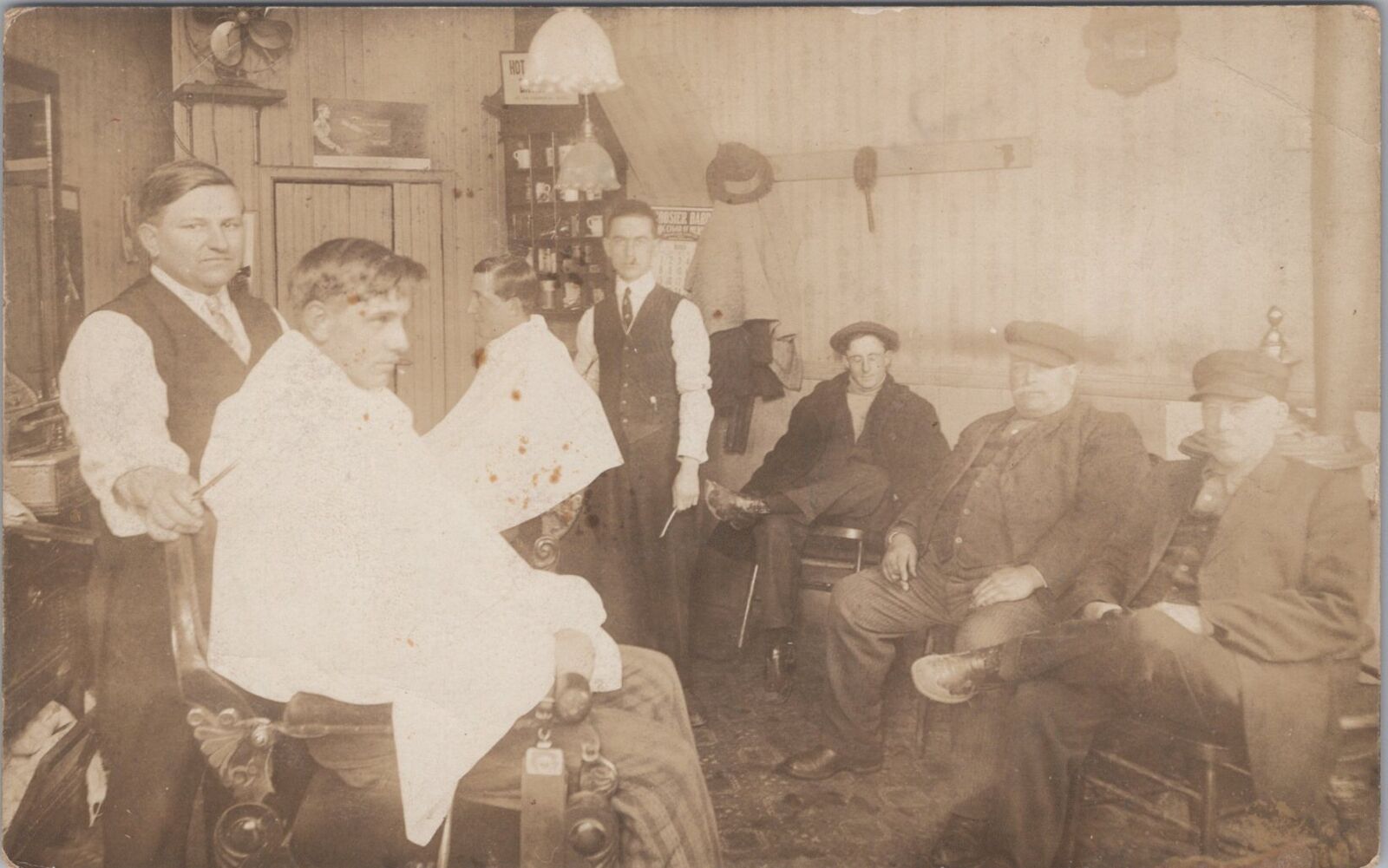 Barbershop Interior Stillwater Oklahoma? c1910s RPPC Photo Postcard