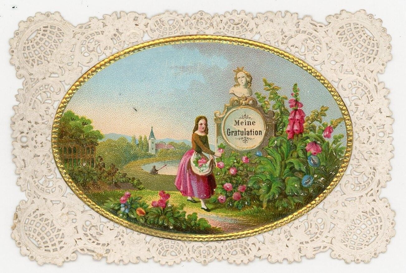 1867 Ornate German Gratitude Card w/ Cover - Embossed, Gilt Highlights - XX