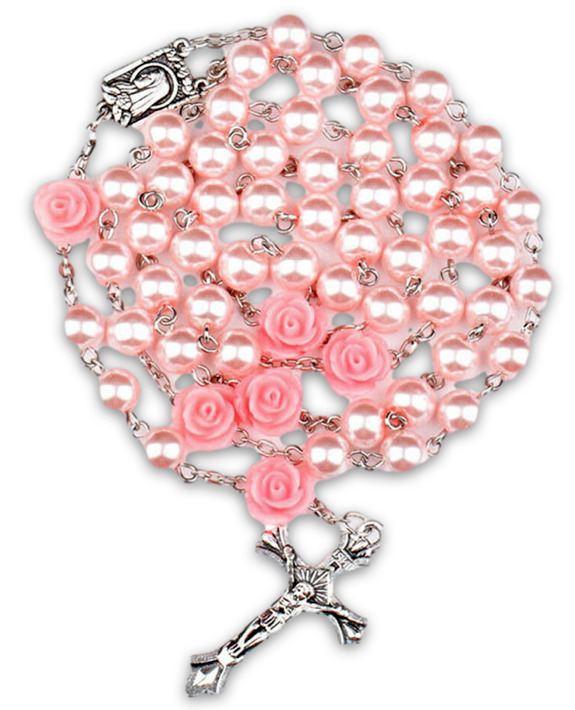 Pink Pearl Beads & Roses Rosary Necklace with Jerusalem Crucifix 