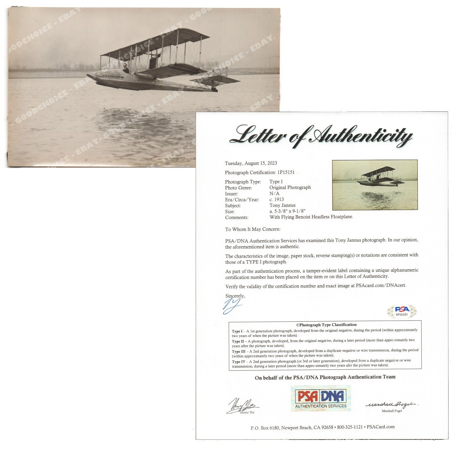 1913 Pilot TONY JANNUS flying BENOIST XIII FLYING BOAT Original Photo PSA LOA