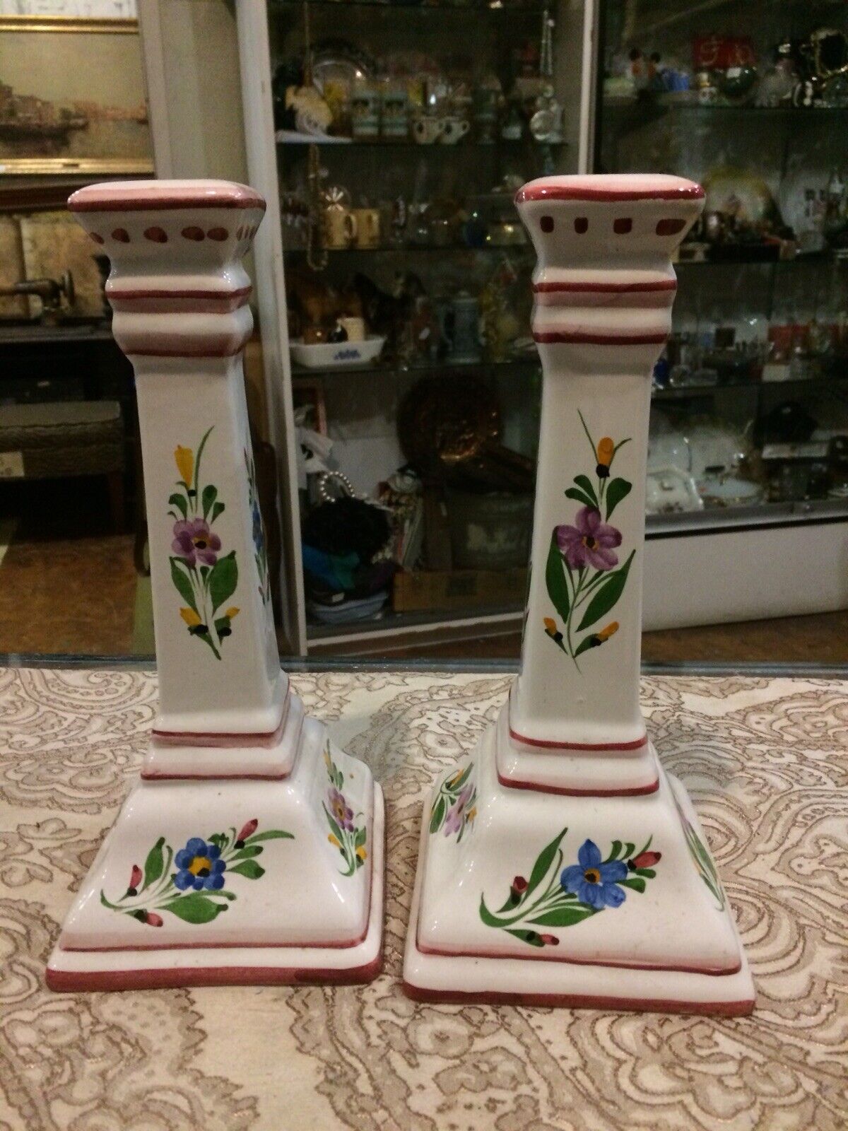 Vintage Pair Tall Floral Pottery Boho Candlesticks Candleholders Made Portugal