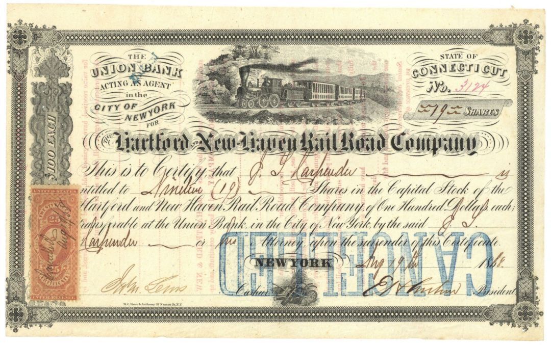 Hartford and New Haven Railroad - 1868 dated Railway Stock Certificate - Railroa