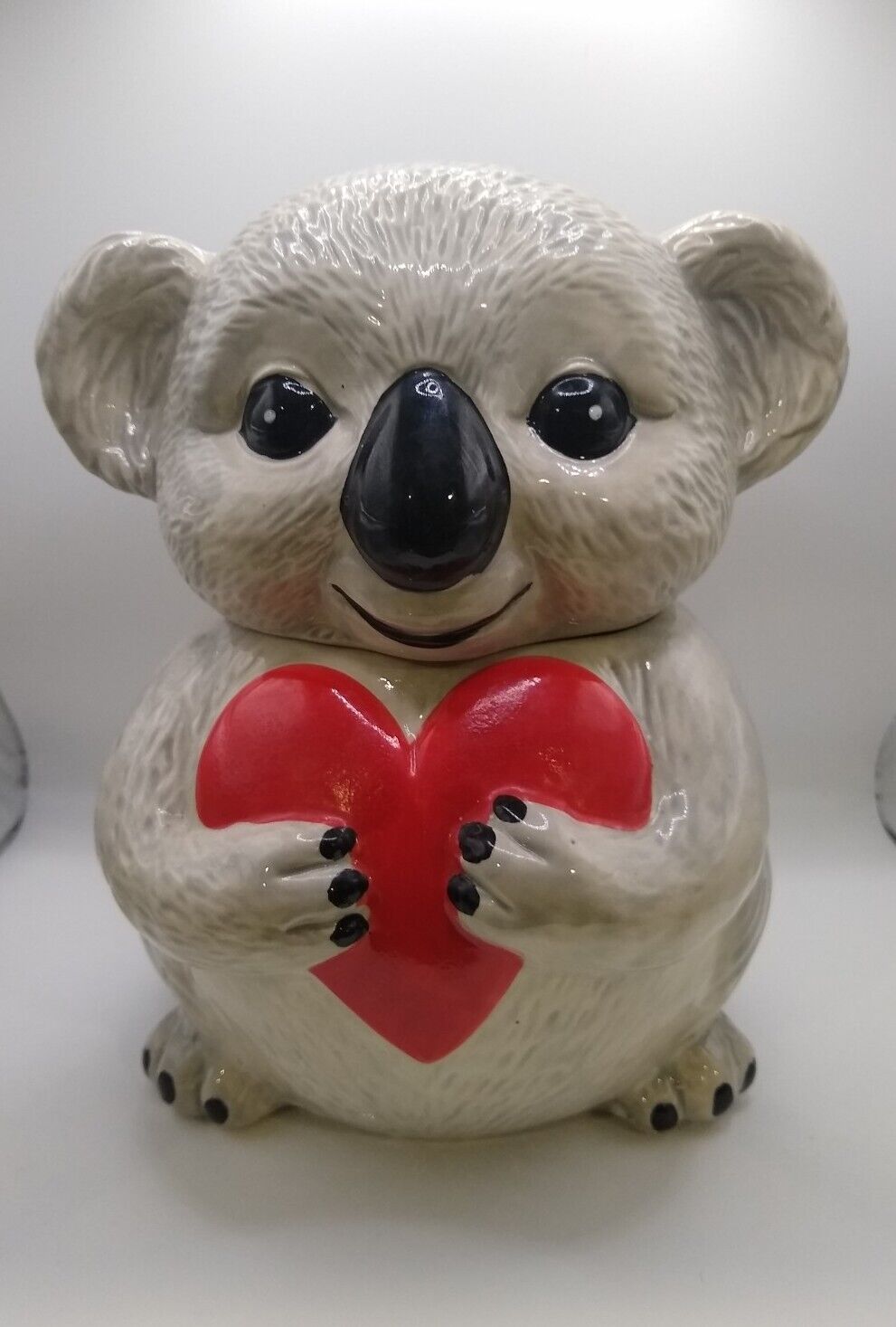 Cute Koala Ceramic Cookie Jar Love Heart Gray White Hugs Valentine 