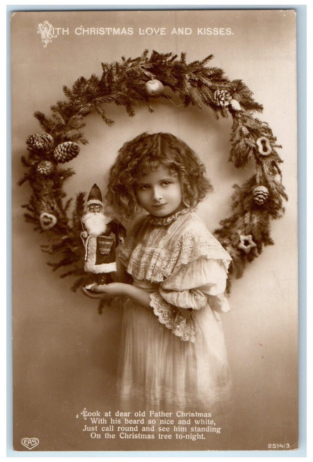 c1910's Christmas Pretty Girl Santa Doll Whreat Pine Cone RPPC Photo Postcard