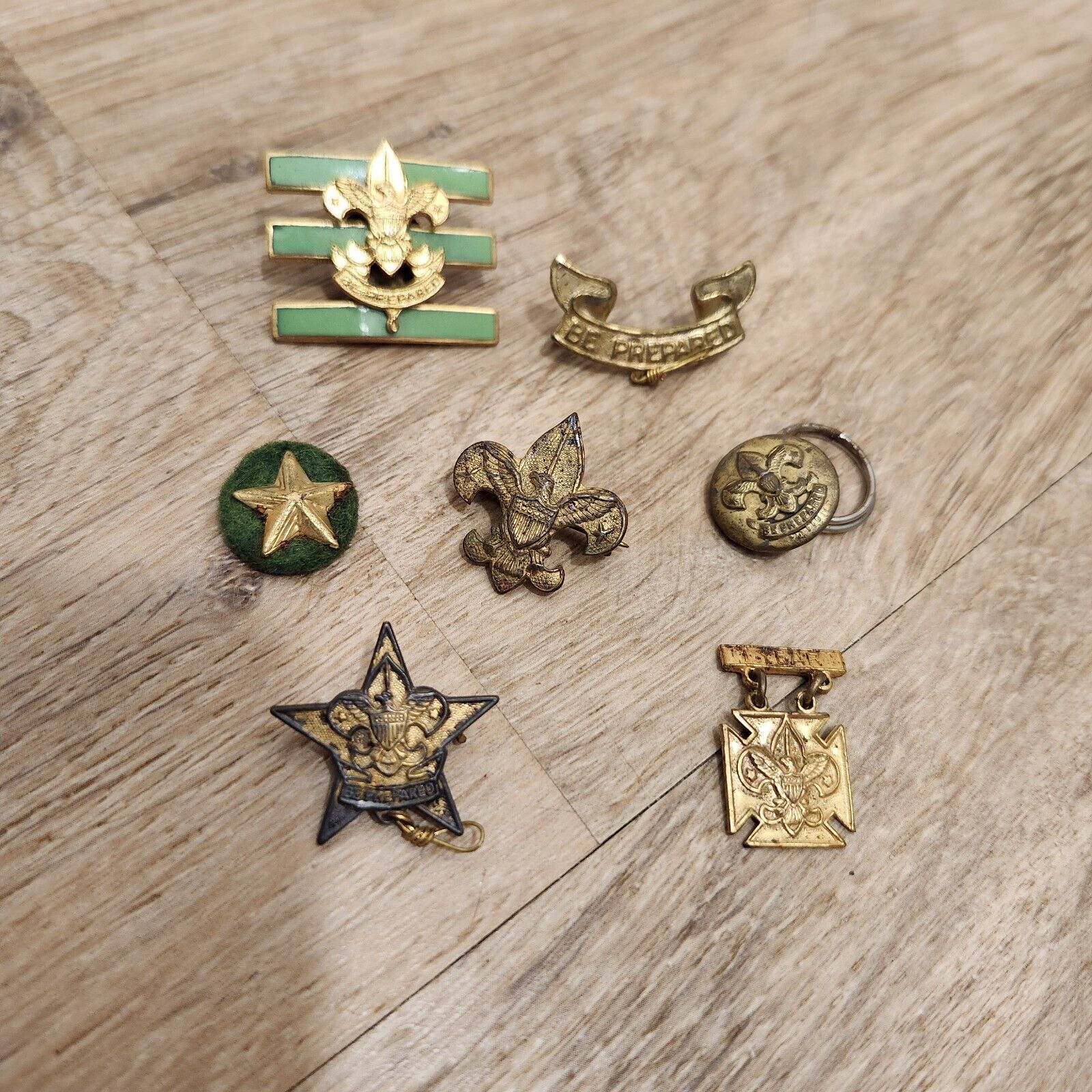 Lot Of 7 Boy Scout Scoutmaster Early Hat Badge Pins Jr Asst Sterling BSA Vintage