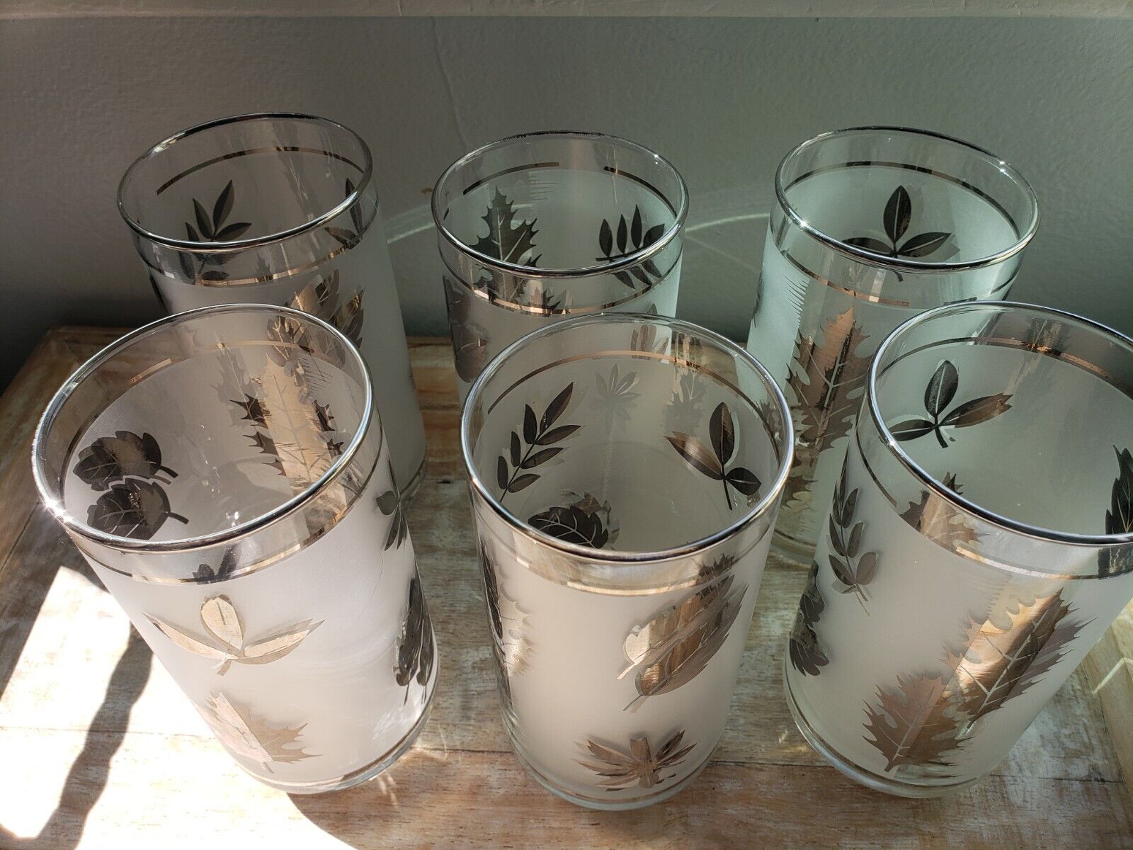 6 LIBBEY fall leaves metallic silver frosted tumbler water glasses vintage 5.25